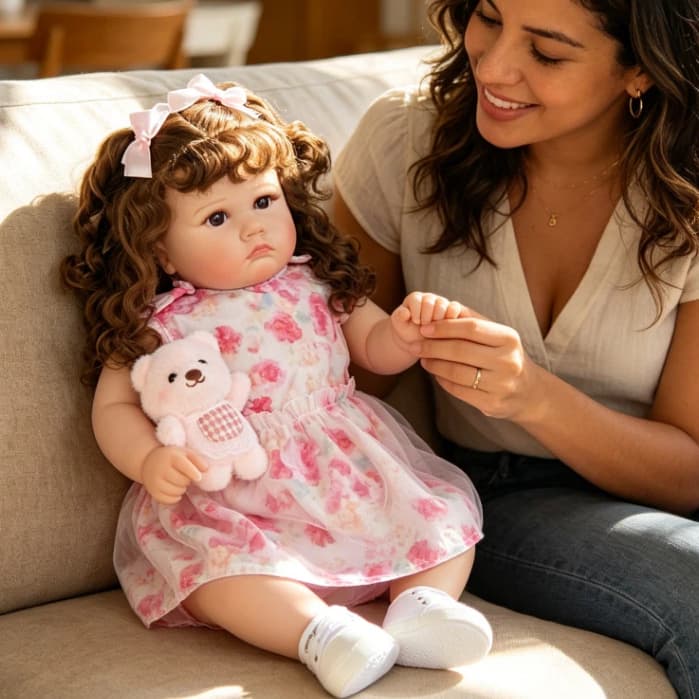 Bebê Reborn 60cm Menina Corpo de Pano Olho Castanho Muito Realista Macio Vestido Rosa