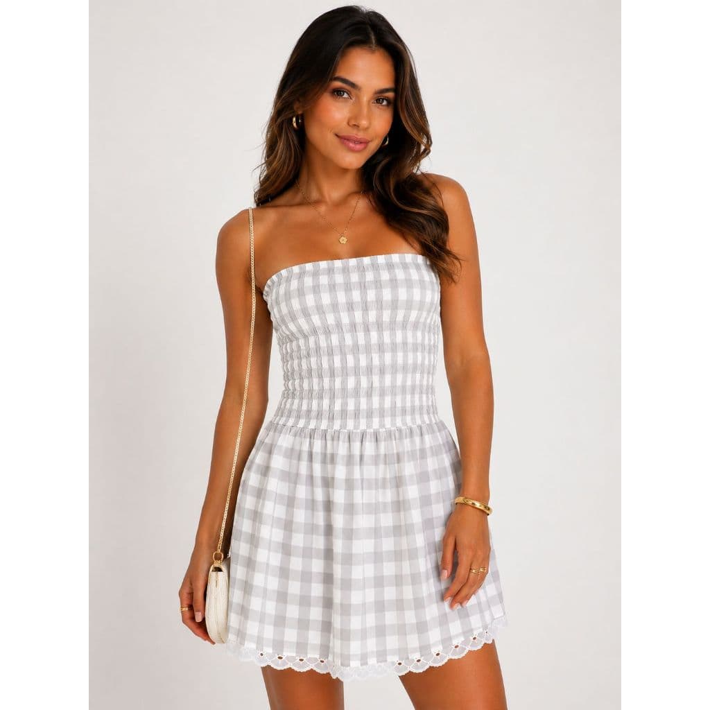 Vestido Xadrez moda feminina Feminino com elástico barra de renda– Tendência Primavera Verão