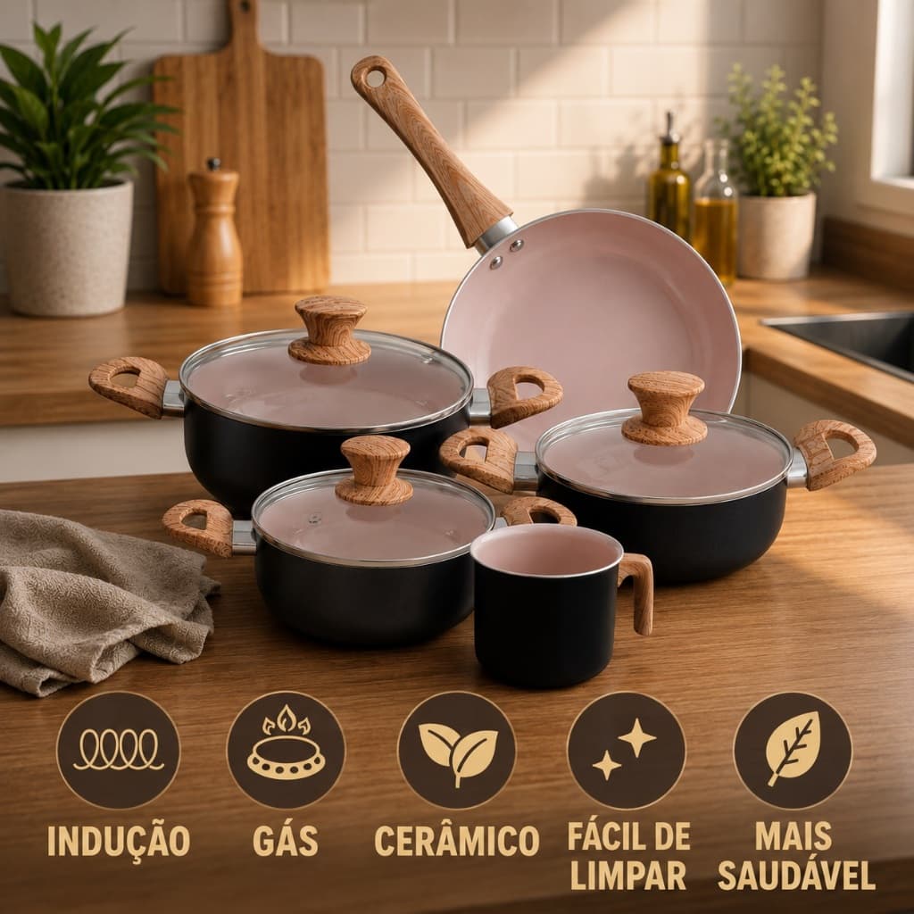 Jogo De Panelas Indução Antiaderente Kit 5 Pçs Cerâmica Preto Luxo