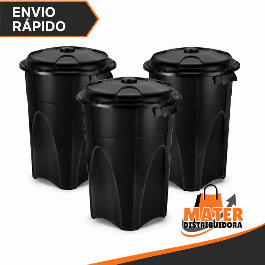 03 Unidades Cesto de Lixo 100 Litros Preto Reforçado Com Alça - Injeplastec