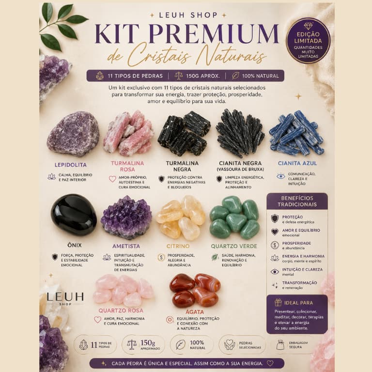 Kit Premium 250g Cristais Naturais | 11 Tipos de Pedras para Proteção, Prosperidade, Amor e Equilíbrio