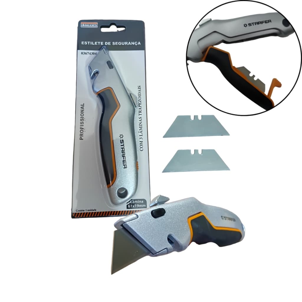 Estilete de Segurança Profissional Starfer com Corta Fita + 2 Lâminas Trapezoidais adicionais