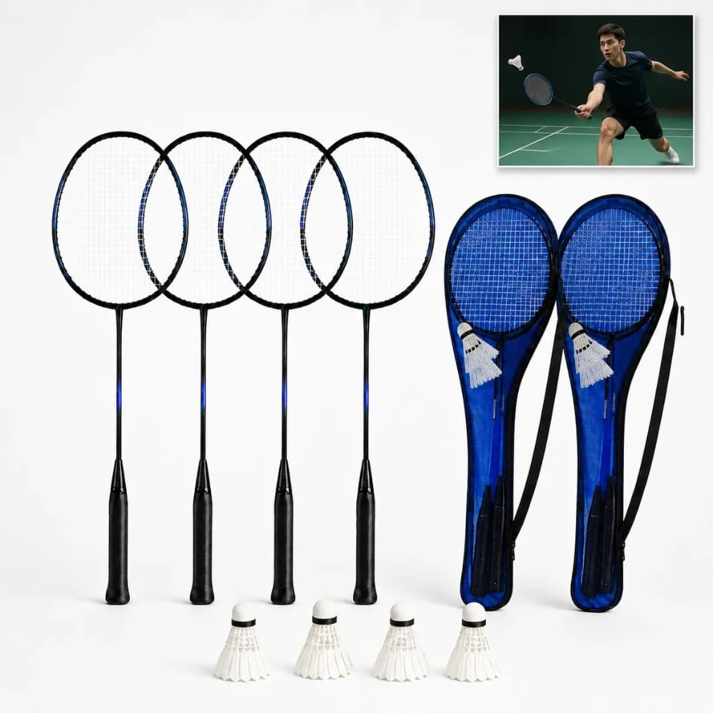 Kit Badminton Completo 4 Raquetes 4 Petecas Bolsas Lazer Preto 17,5