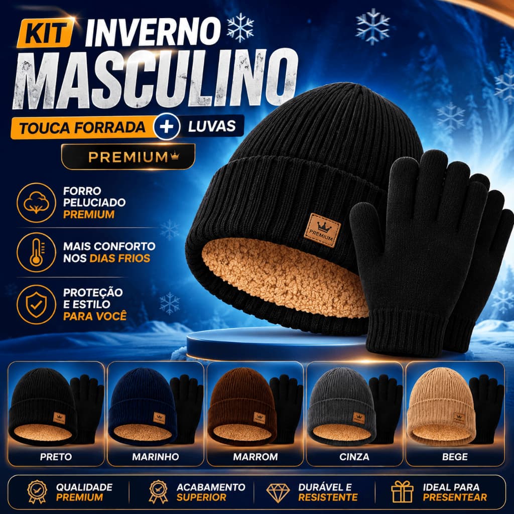 Kit Inverno Masculino Touca Gorro Forrado + Par de Luvas Pretas