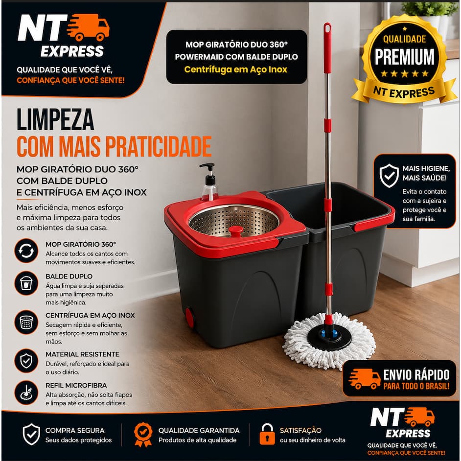 Mop Giratorio Completo 360 Graus Balde Resistente Cesto Centrifuga Aco Inox Limpeza Facil Domestica