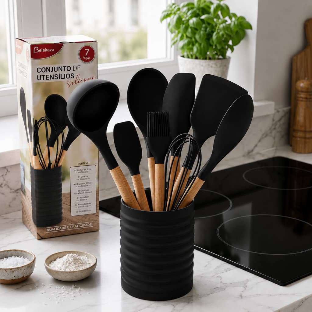 Conjunto de utensilios de Silicone para Cozinha 7 unidades Preto