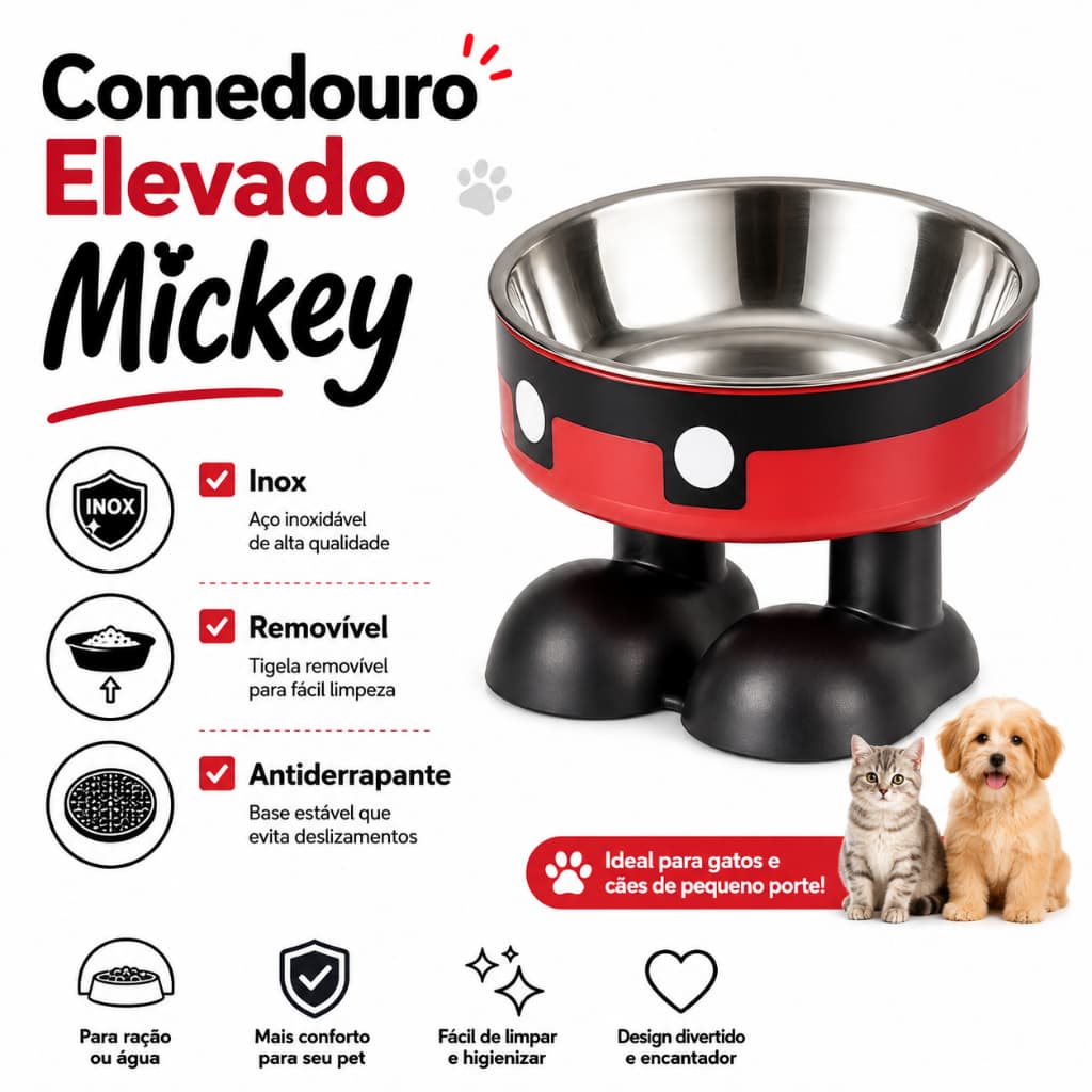 Comedouro Elevado Pet Mickey Inox para Gatos e Cães Pequenos Tigela Removível Antiderrapante