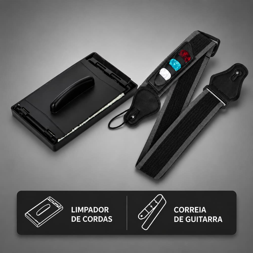 Kit Limpador De Cordas + Correia De violão + Palhetas