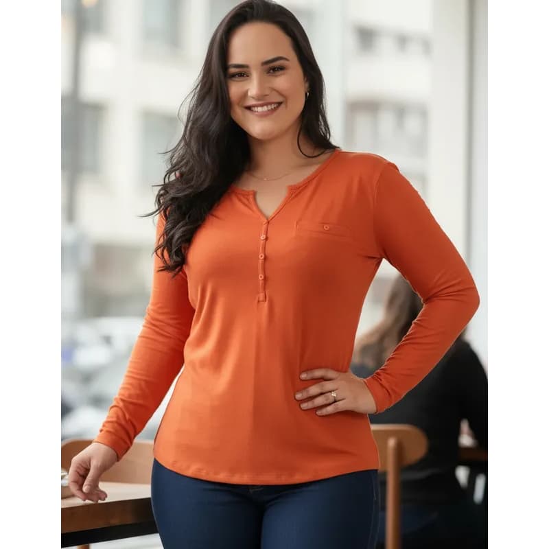 Camiseta Casual Plus Size Feminina Manga Longa Blusa Evangélica Detalhe Botão Moda Plus Size Até G4