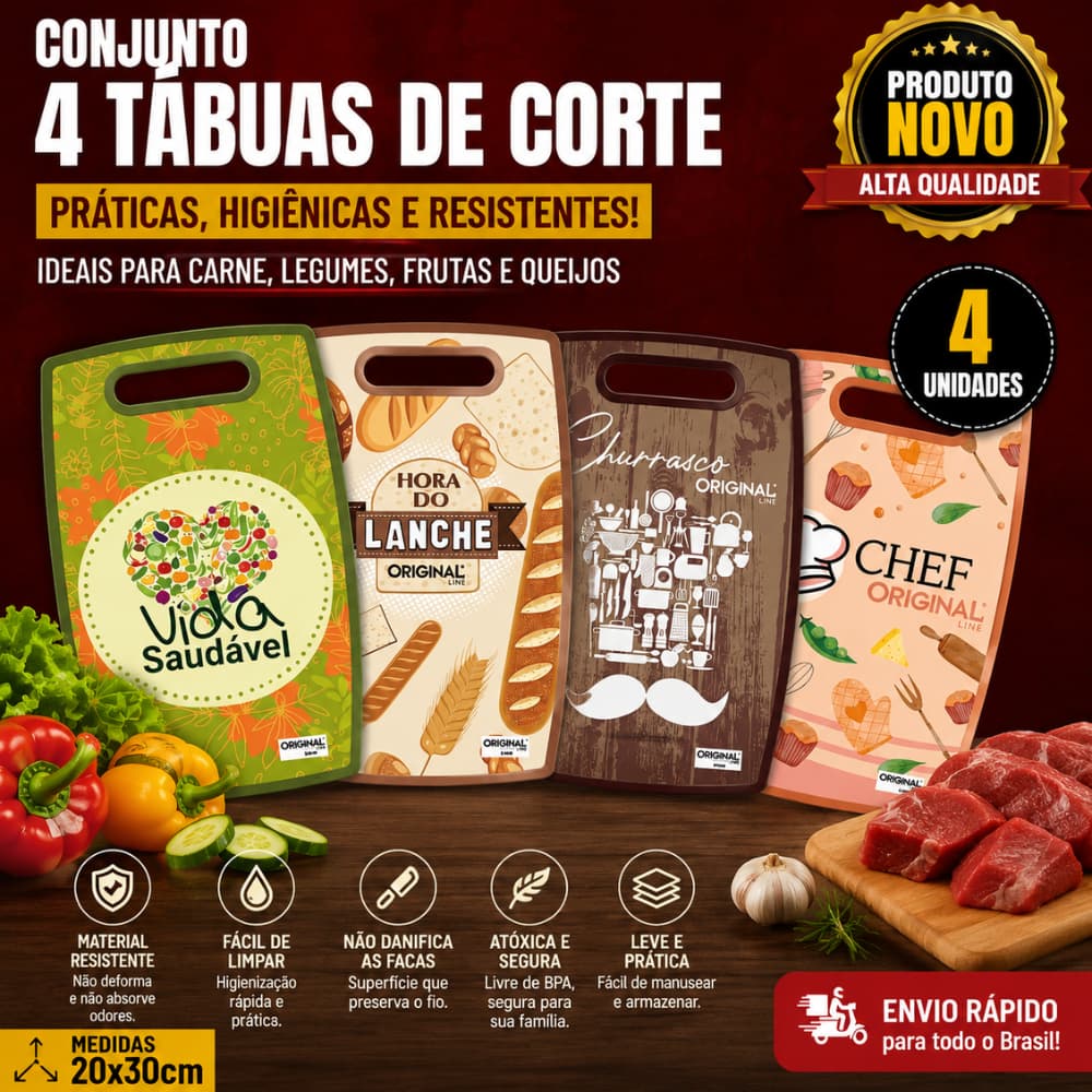 Conj 4 e 2 Tabua de Corte Resistente para Carne Legumes Frutas Queijo Plástico Estampada 20X30cm