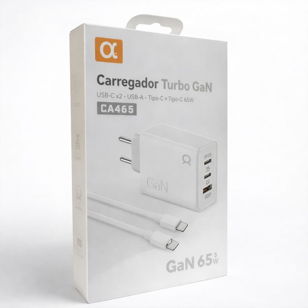Carregador Turbo GaN 65W Tipo C x Tipo C PD 2 USB-C USB-A Bivolt - CA46-5 - A'Gold