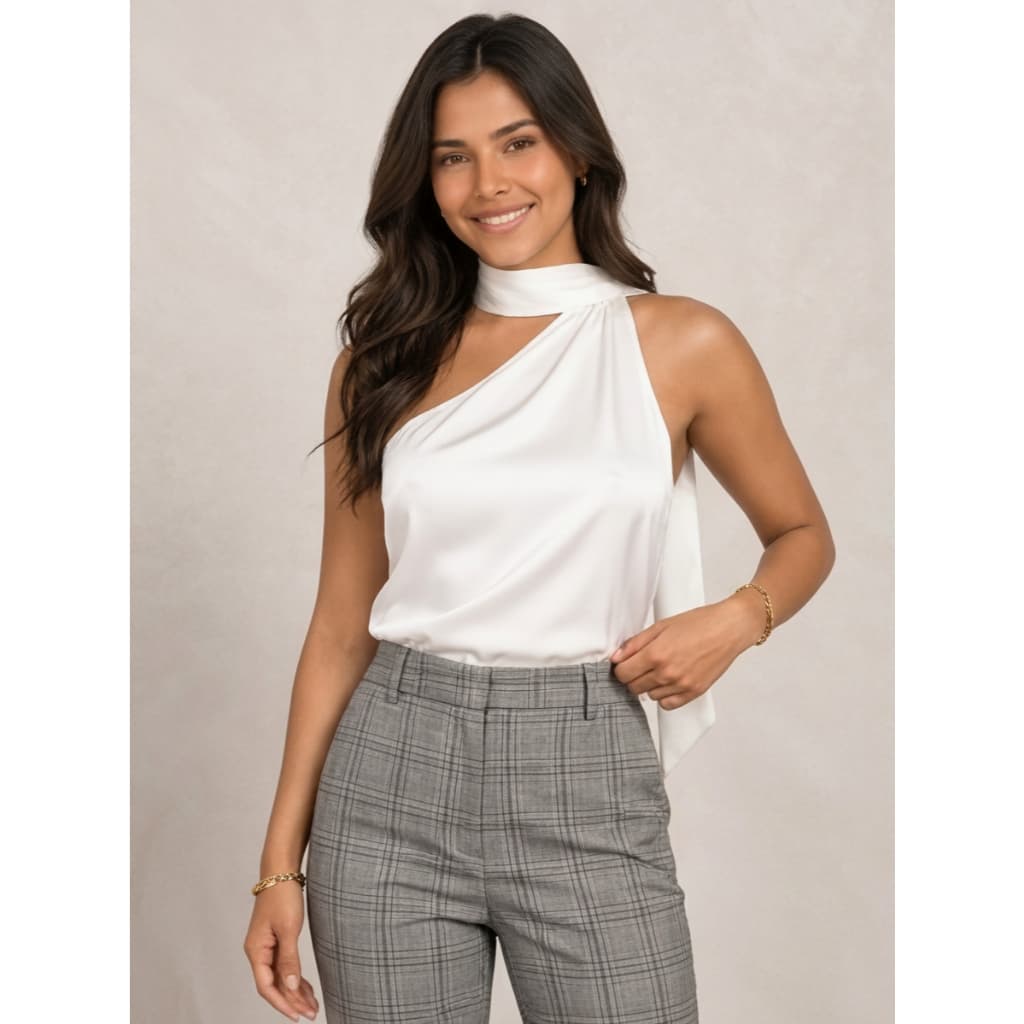 Blusa Feminina Um Ombro Só Gola Alta Halter Elegante Casual Chic Festa Noite COD 251005