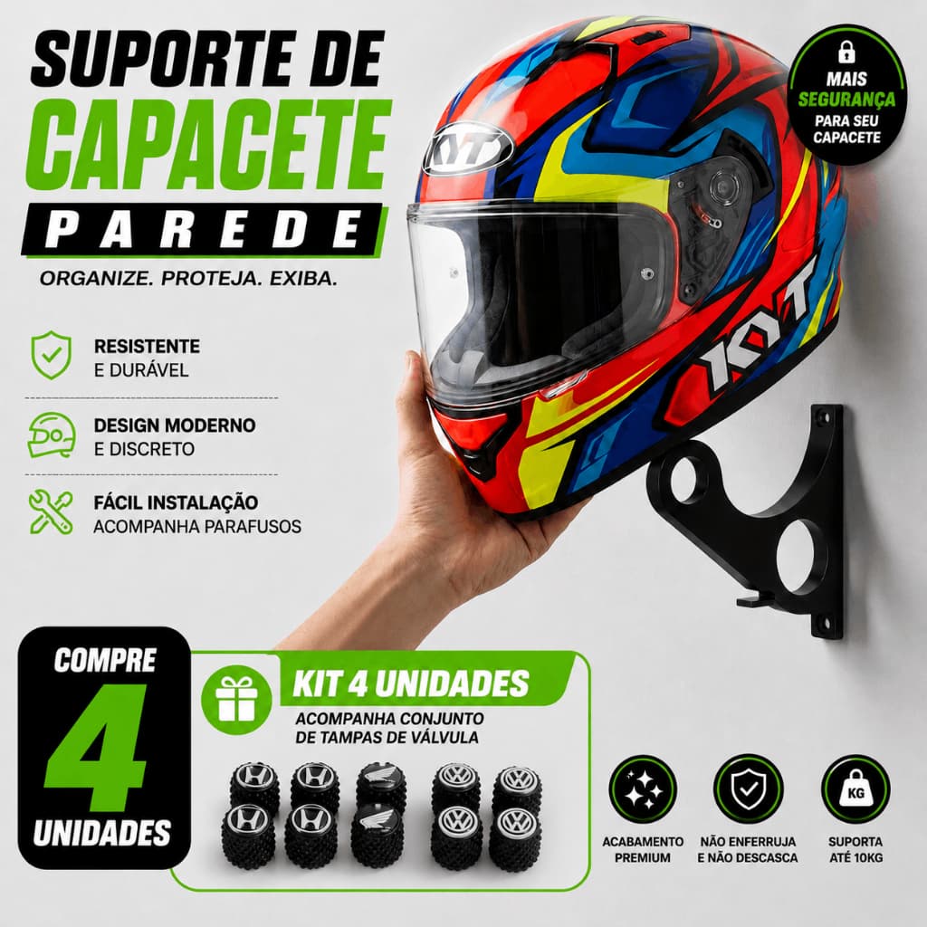 Suporte de Capacete para Parede Kit 1|2|3|4 Unidades | Kit 4 acompanha conjunto de tampas de válvula