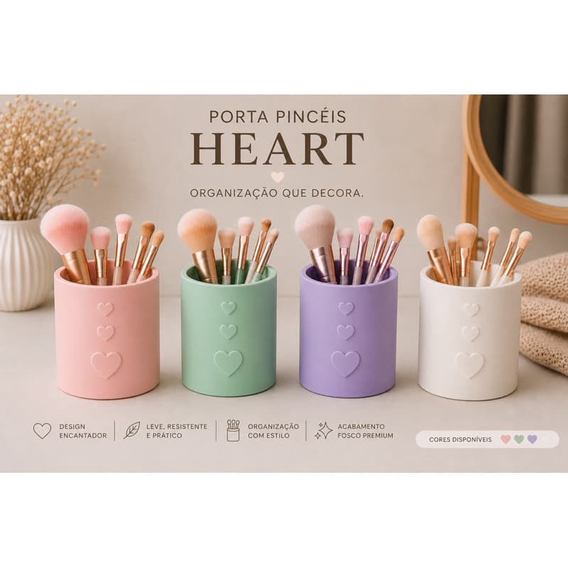 💕 Porta Pincéis Maquiagem Heart impressão 3D | Organizador de Penteadeira Decoração Fofa