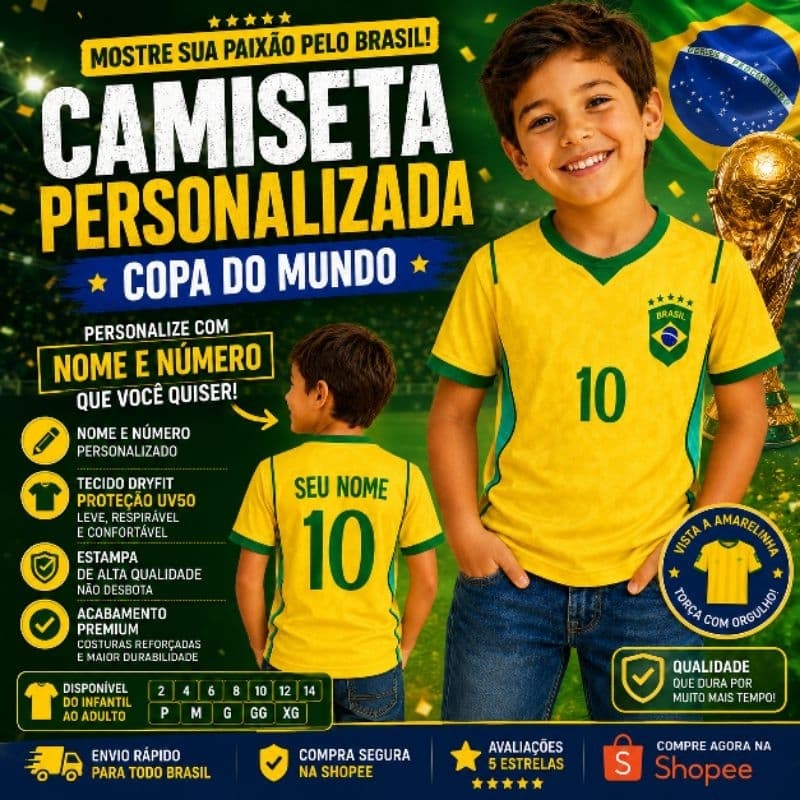 Camiseta do Brasil Copa do mundo com seu nome infantil e Adulto camisa copa personalizada Hexa Brasi