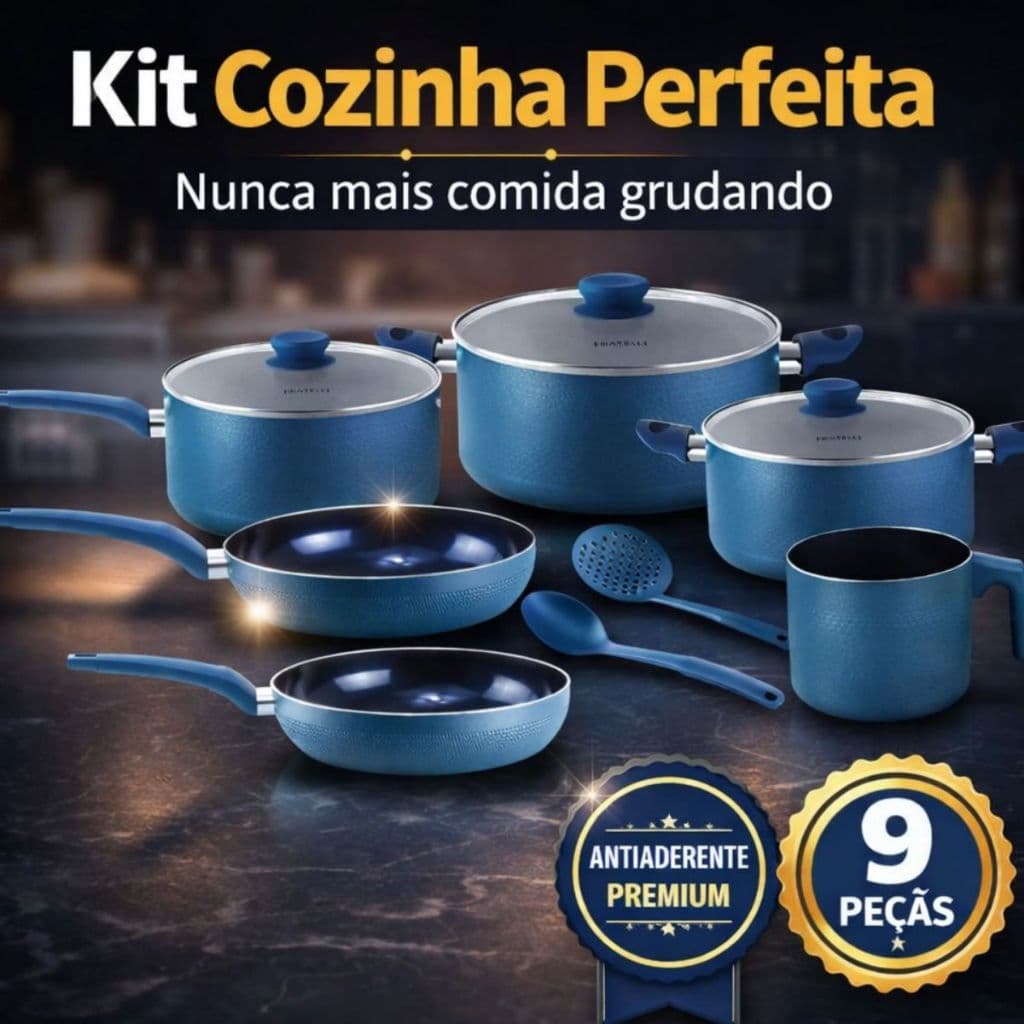 Kit Jogo Panelas 09 Peças Antiaderente Cerâmico Cozinha Perfeita Azul Indução Completo Fogão Premium