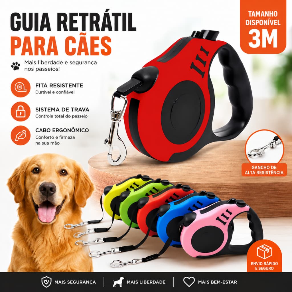 GUIA RETRÁTIL PARA CACHORROS E GATOS – 3 METROS