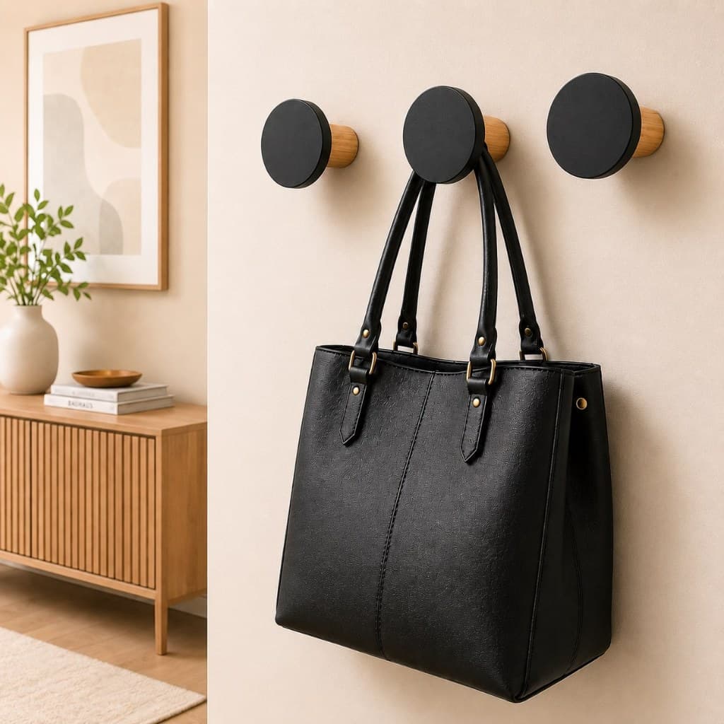 Kit Ganchos de Parede Redondos em MDF Preto para Bolsas, Mochilas, Roupas e Organização