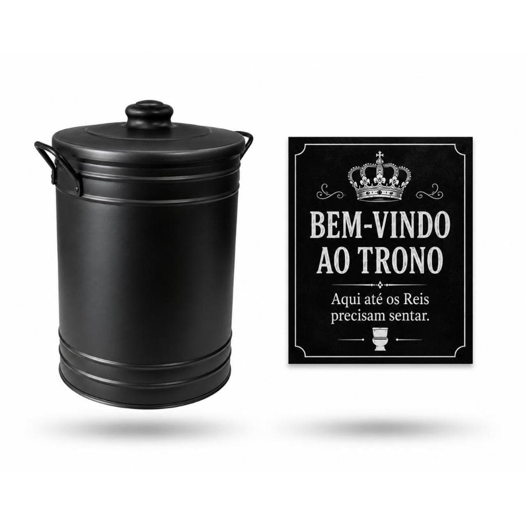 Lixeira 8 litros preto fosco com placa parede porta lavabo engraçada banheiro kit