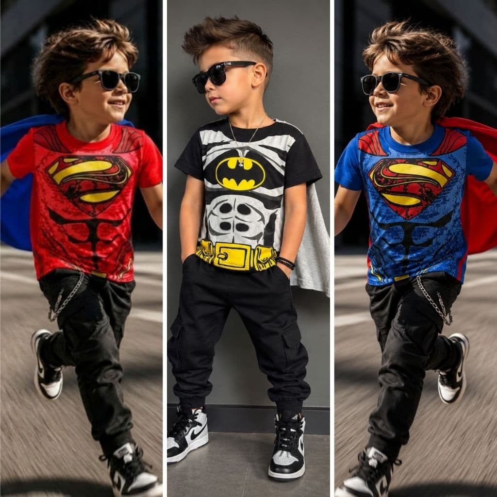 Camiseta Infantil Menino Herói com Capa Tamanho 2 ao 10 Anos | Camiseta Infantil 100% Algodão Menino Personagem