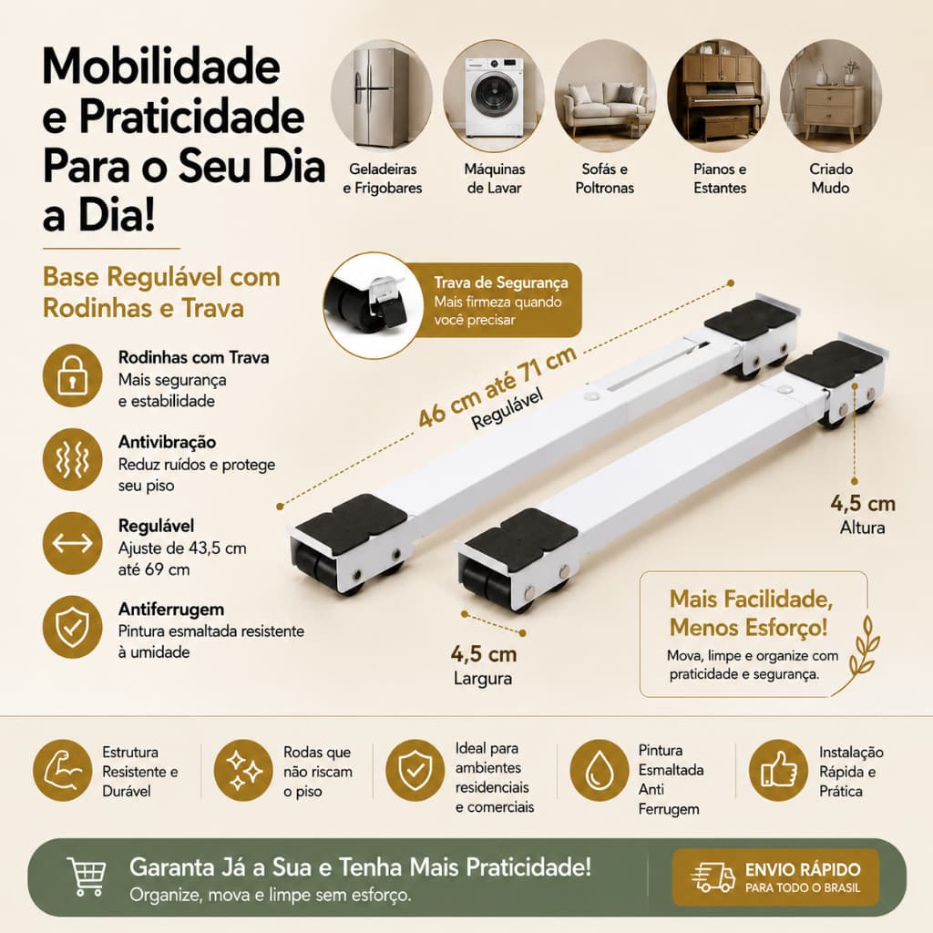 Suporte Com Rodinhas Para Geladeira Frigobar Máquina De Lavar E Móveis Ajustável " Envio Imediato "