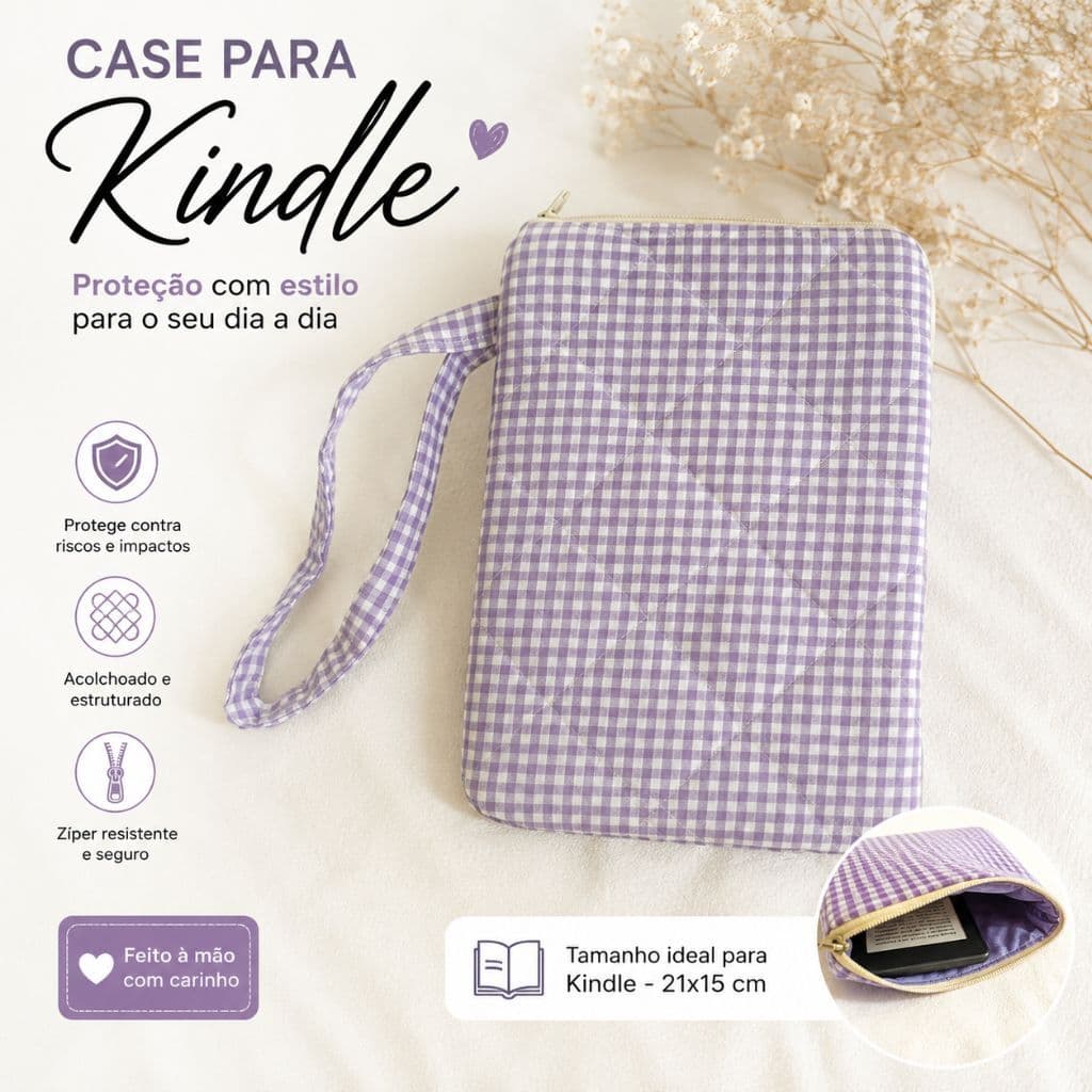 Case para Kindle 21x15 Capa Protetora Acolchoada Artesanal com Zíper Porta Kindle Premium