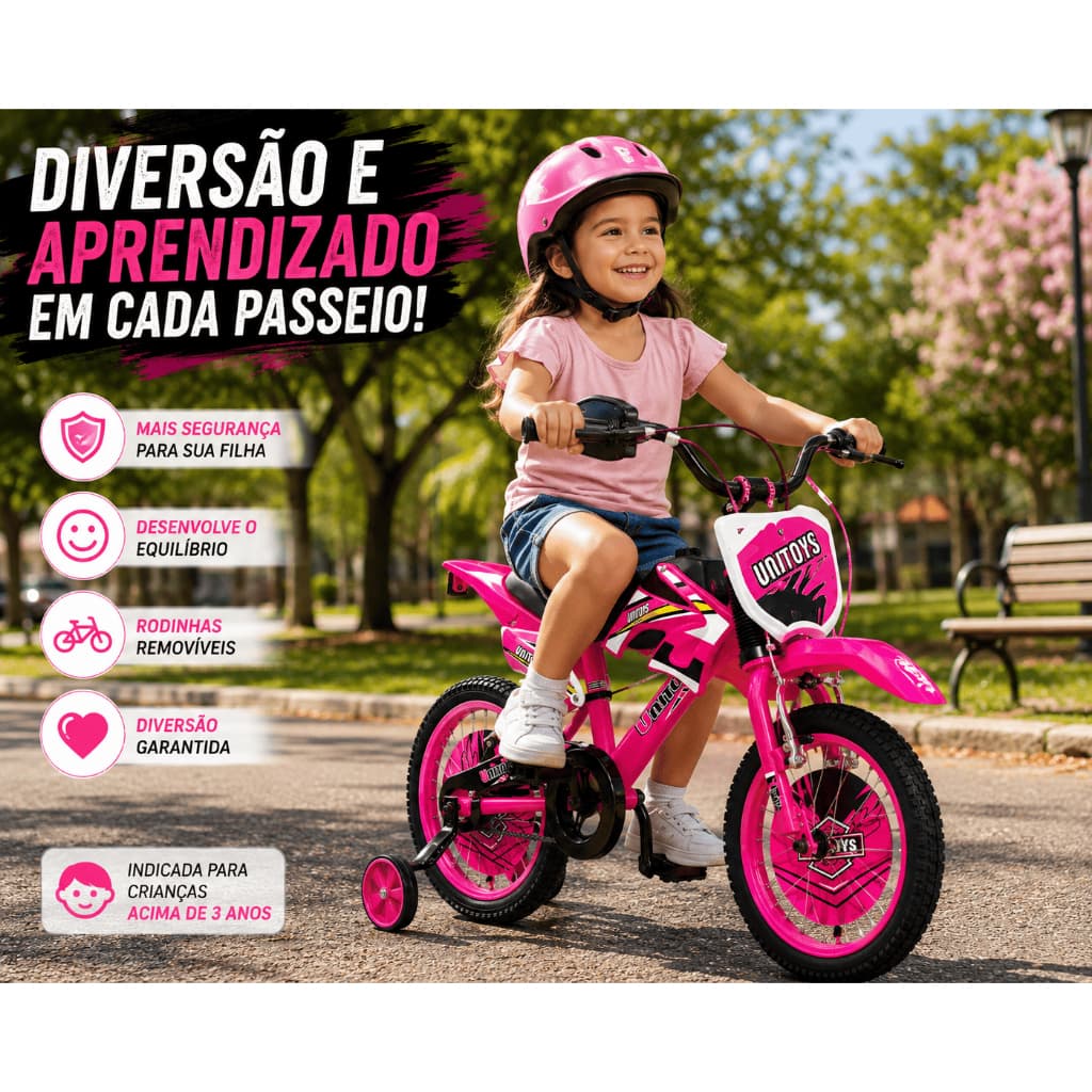 Bicicleta Infantil Aro 16 Rosa Com Rodinhas Moto Cross Freio Duplo e Paralamas