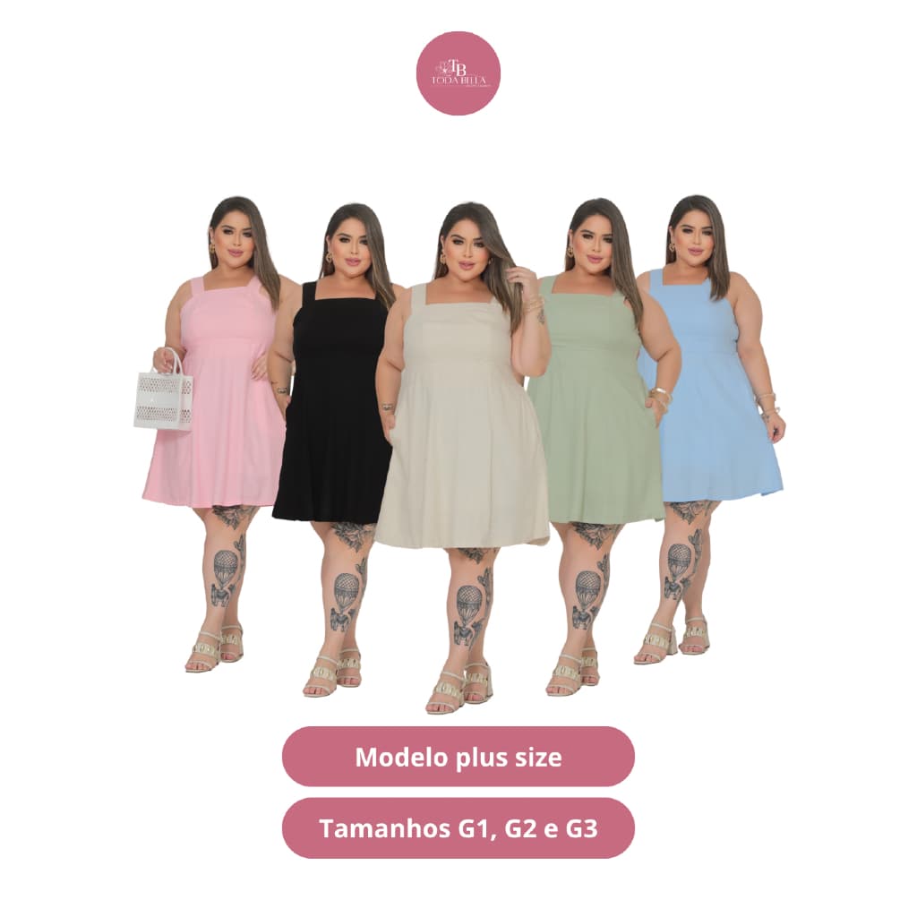 Vestido de alça feminino plus size de linho curto com bolso lateral e forro