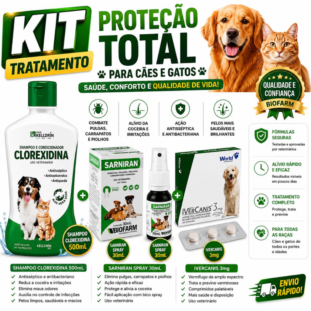 Kit Tratamento Completo Dermatite Atópica Canina Shampoo Clorexidina Kelldrin + Sarniran 30ml + Ivercanis 3mg