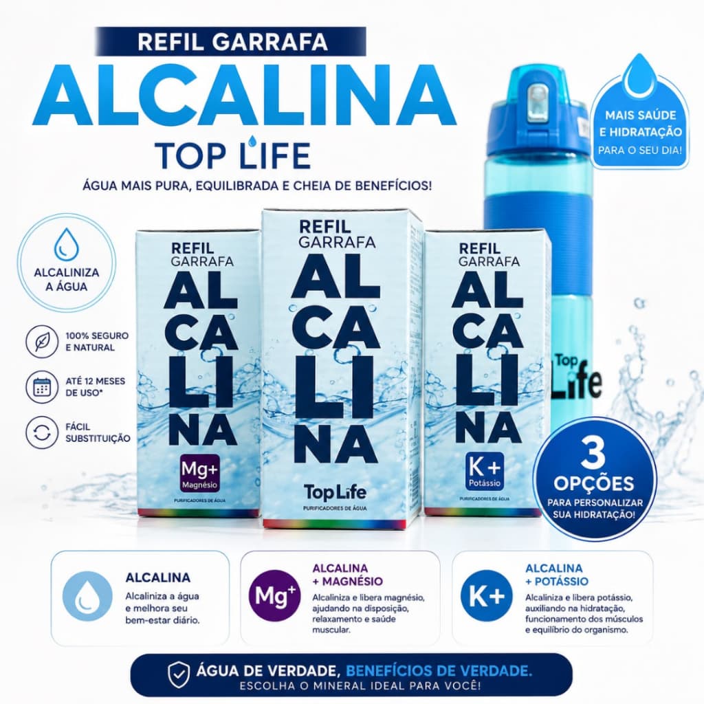 Refil para garrafa alcalina Top Life- esferas alcalinizantes, alcalina com potássio e alcalina com magnésio