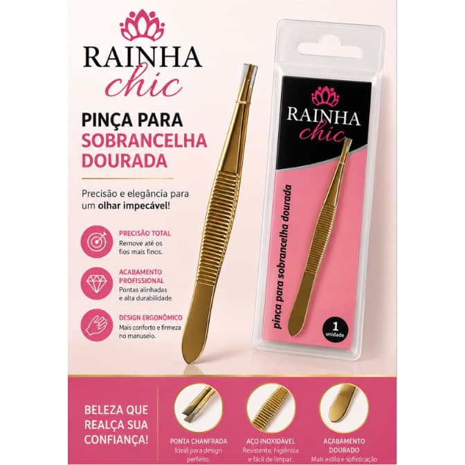 Pinça para Sobrancelhas com ponta Dourada Rainha Chic