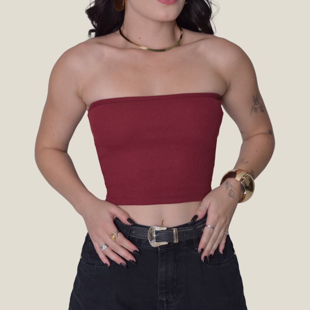 Top Faixa Cropped Tube Canelado Tomara que Caia