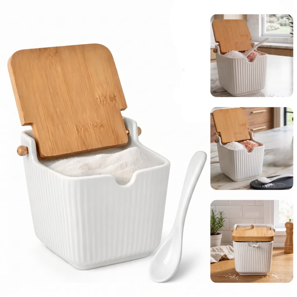 Saleiro De Porcelana Branco Com Colher Tampa Em Bambu 300ml Premium Liso Ou Canelado