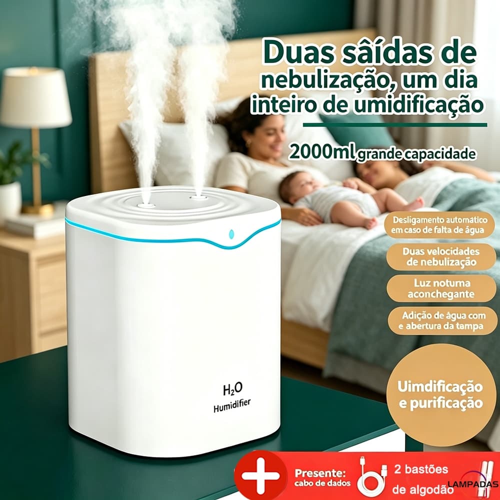 Umidificador De Ar E Aromatizador Grande 2000ML Difusor Purificador 2 Litros Com Ultrassonico Com 2 Saídas