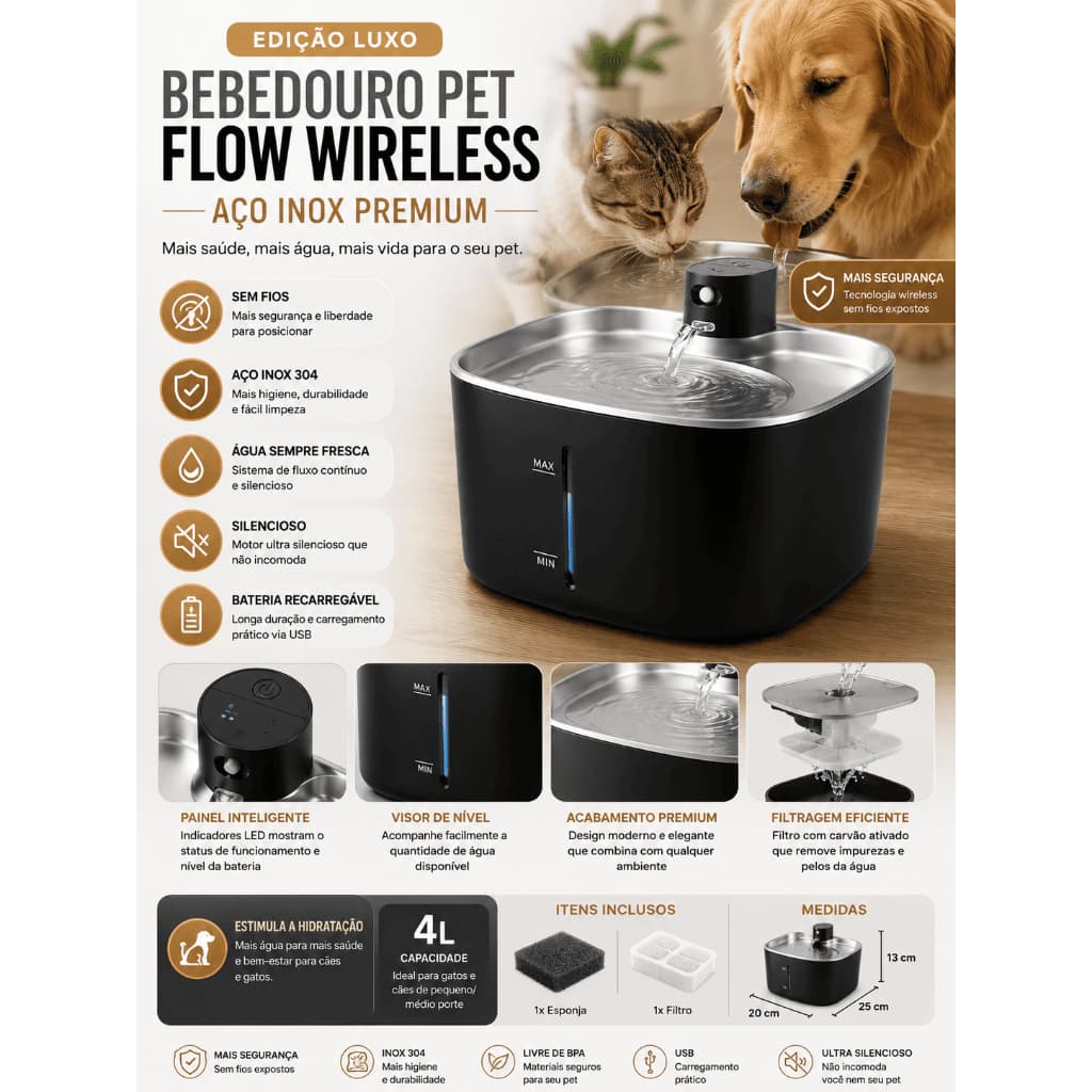 Fonte de Água Pet Inox Wireless 4L Silenciosa com Filtro para Cachorro e Gato
