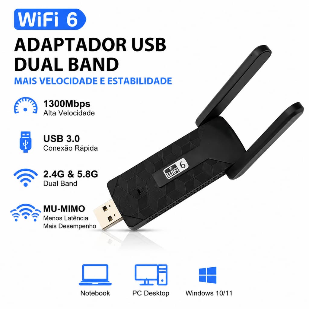 Adaptador Wi-Fi 6 USB 3.0 Dual Band 2.4G/5.8G 1300Mbps com Antenas
