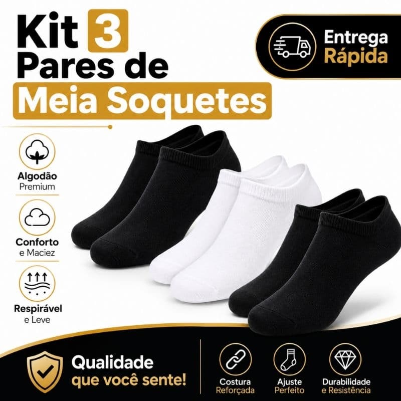 Kit 3 Pares de Meias Soquete Cano Curto Unissex Masculina Feminina
