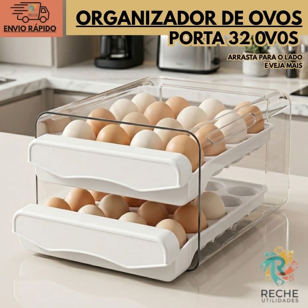 Gaveteiro porta ovos duplo 2 gavetas organizador de geladeira para 32 ovos