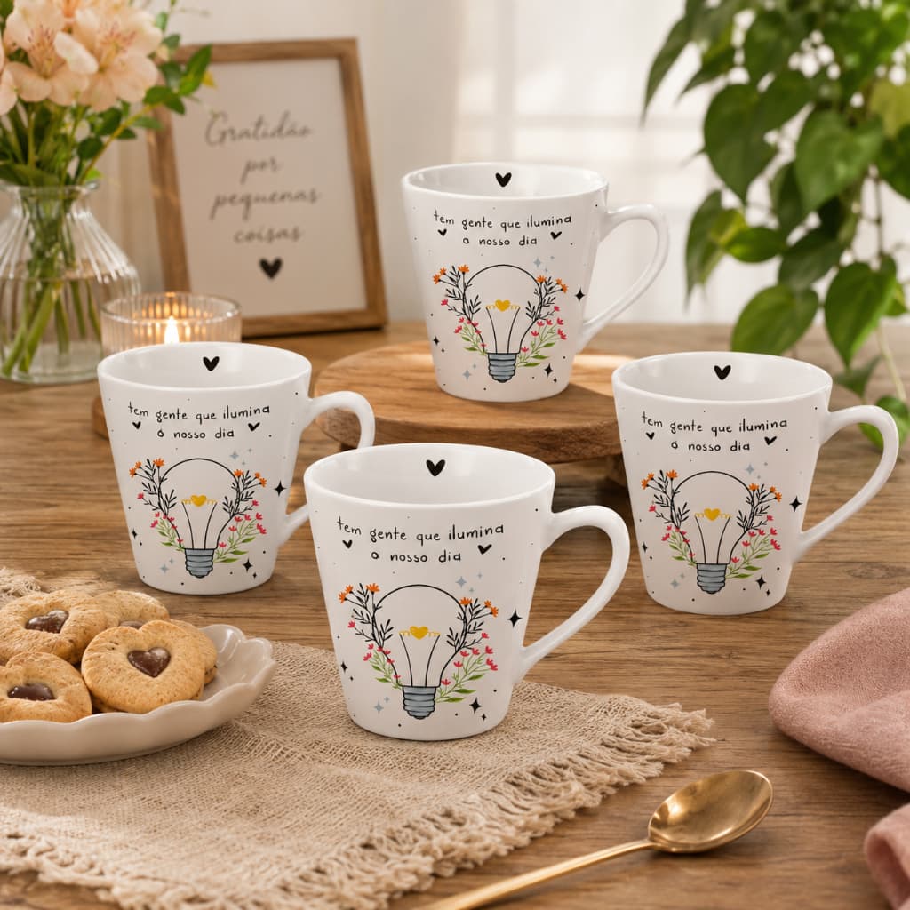 Kit 4 Canecas Tulipinha 150ml Porcelana Frase Inspiradora Presente Lâmpada