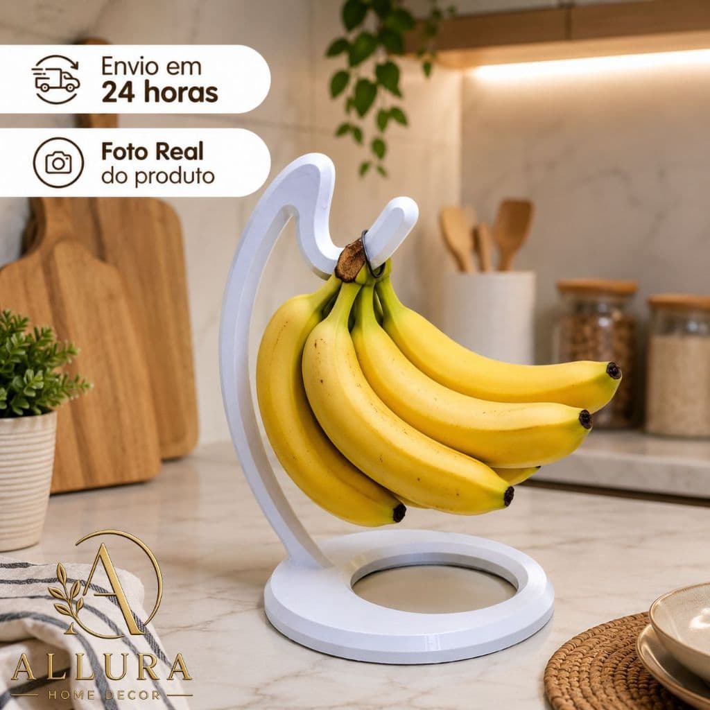 Suporte Para Banana Branco Porta Banana Fruteira de Mesa Organizador de Frutas Cozinha Decorativa 26cm
