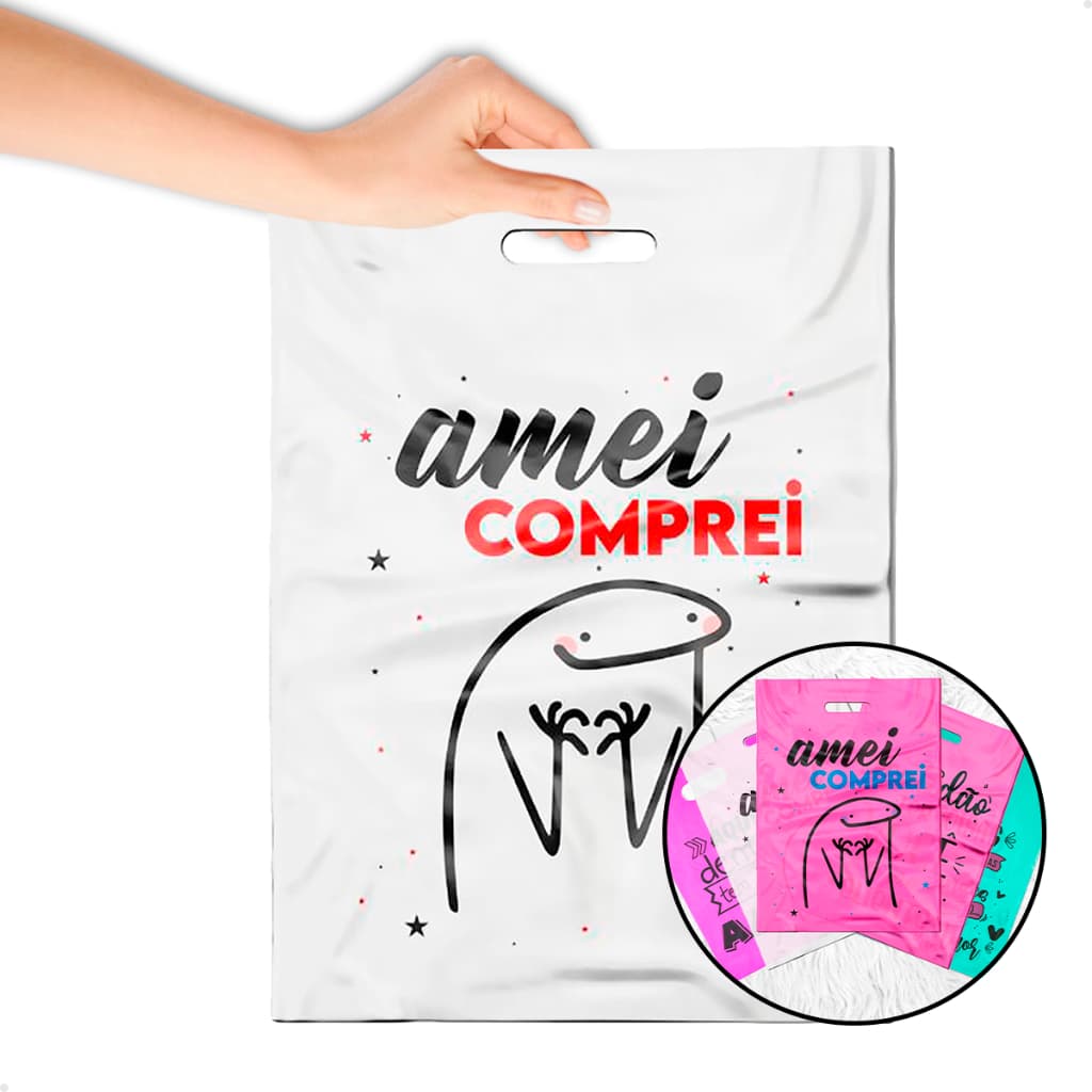 50 Sacolas Plásticas Boca de Palhaço Personalizada Frases – Gratidão Ter Você Cliente, Amei Comprei