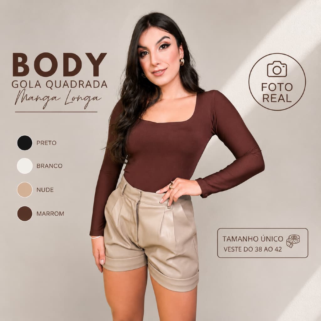 Body Manga Longa Gola Quadrada 38 Ao 42 Preto Branco Marrom Suplex Elastano Ajustado Feminino
