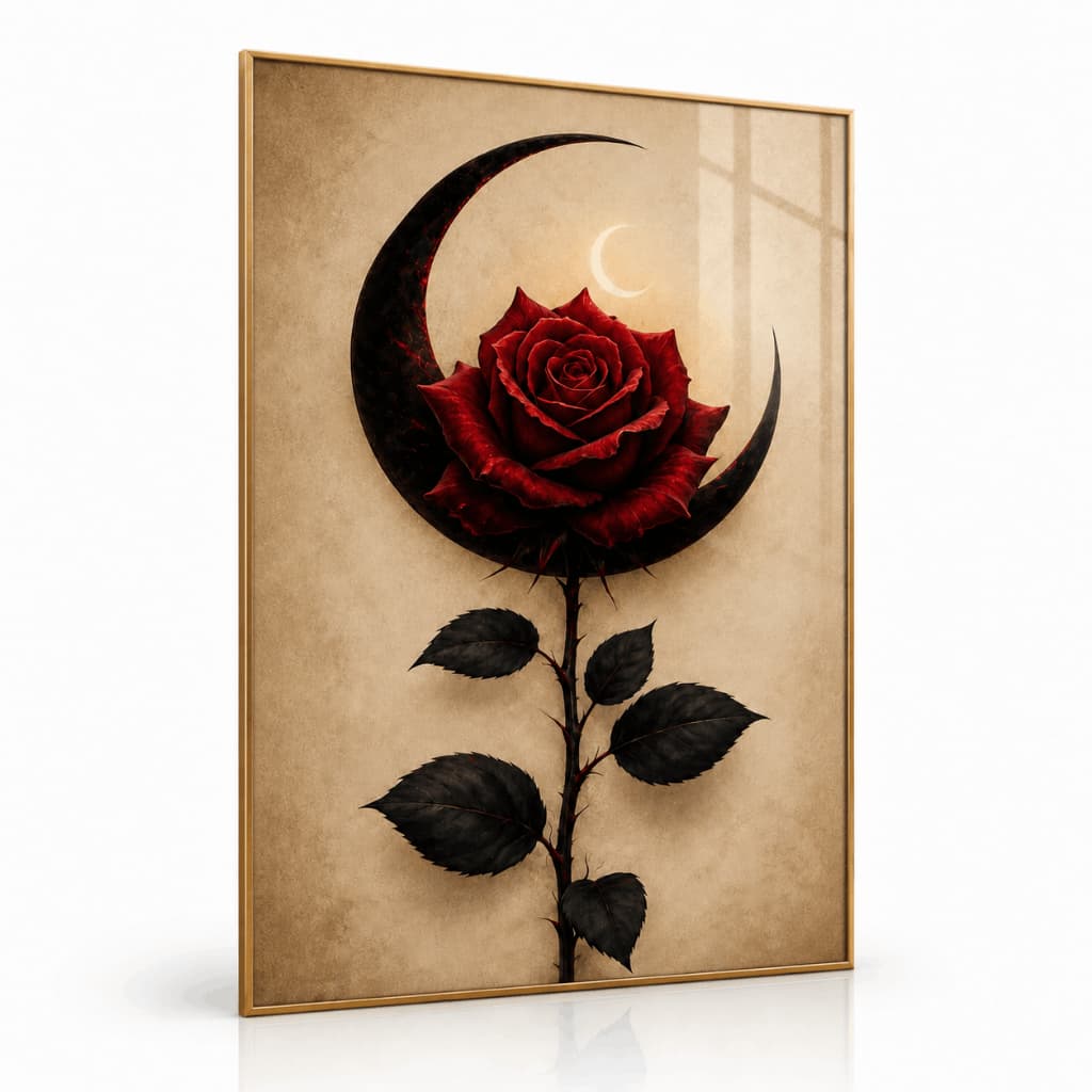 Quadro Rosa Vermelha com Lua Decorativo Elegante Dark Premium