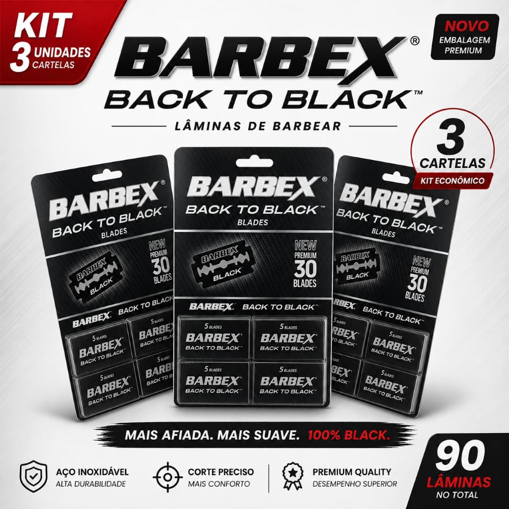 Kit Econômico 3 Cartelas Barbex Back To Black – 90 Lâminas de Barbear Profissionais