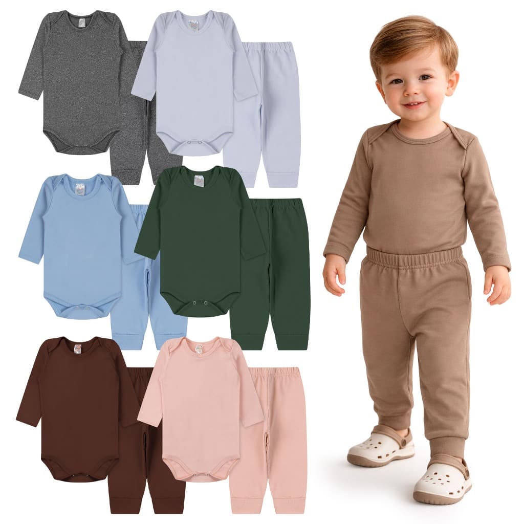 Kit 2 Conjuntos Body Térmico Peluciado 2 Body e 2 Calças Infantil Bebê Unissex Tamanho P ao 3 Anos