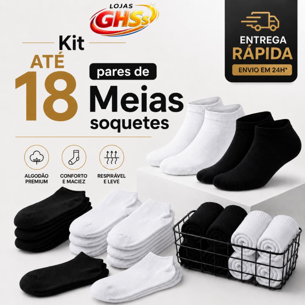 Kit Até 18 Pares de Meias Soquete Cano Curto Unissex Masculina Feminina