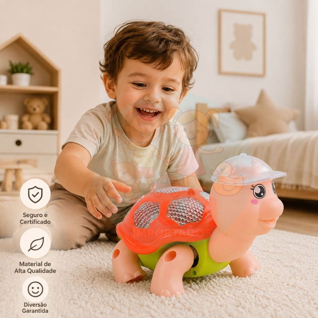 Tartaruga Fujão Brinquedo Infantil Interativo Som Luzes Dançante Estimula Cordenação Motora Bebê