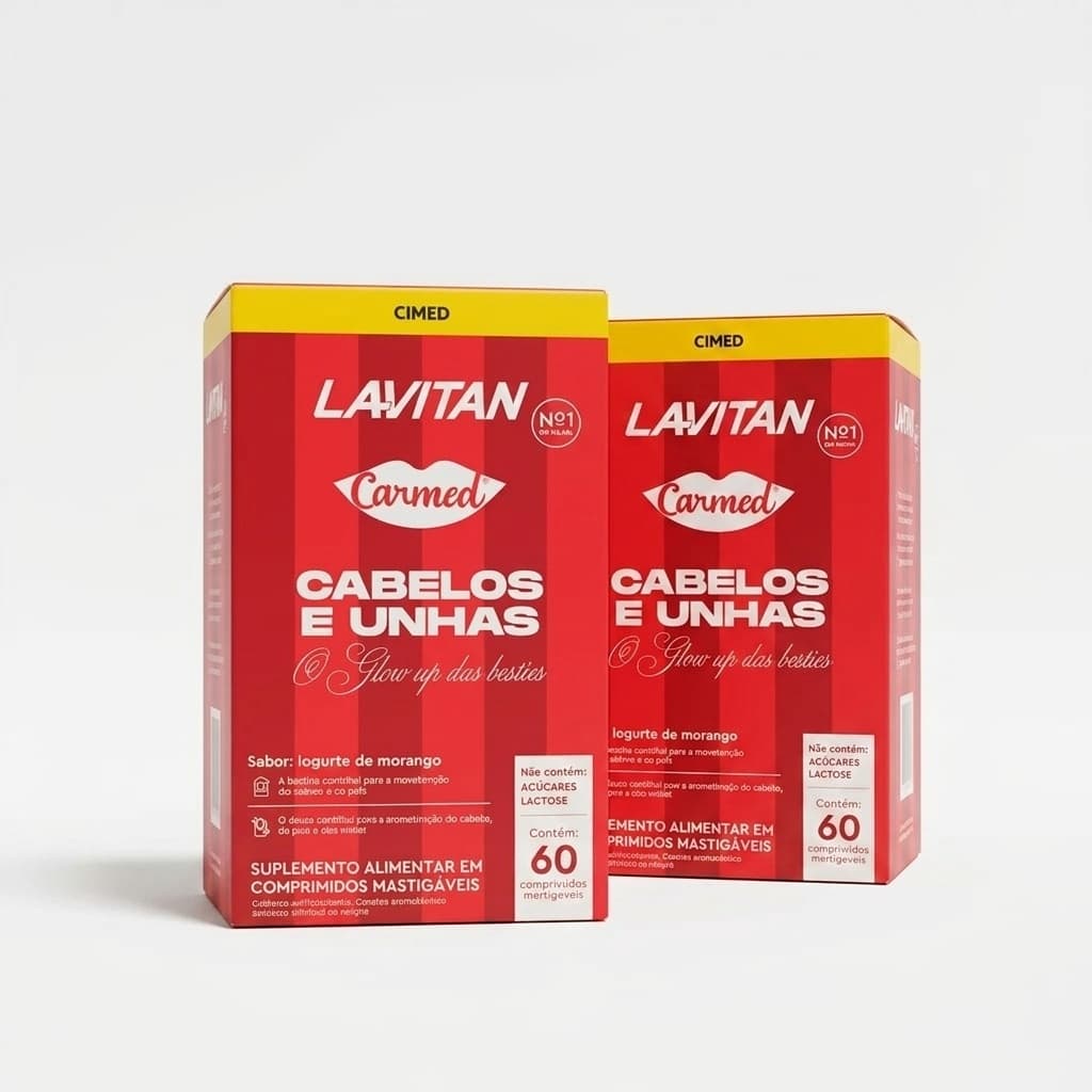 Kit 2Uni Lavitan Carmed para Cabelos e Unhas, Vitaminas e Minerais, Morango, 60 Comp Cada