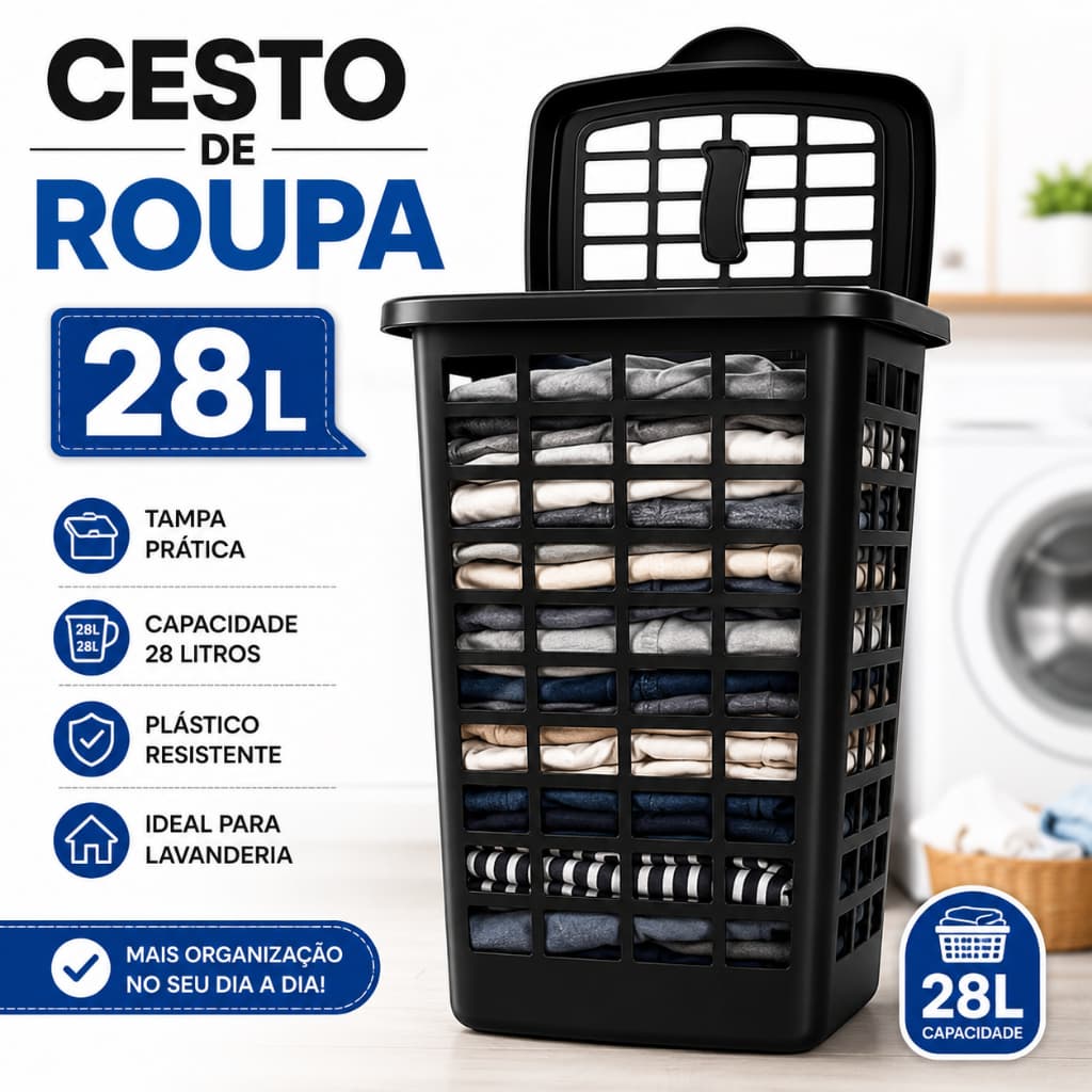 Cesto De Roupas Sujas 28 Litros Com Tampa Organizador Lavanderia Preto Resistente