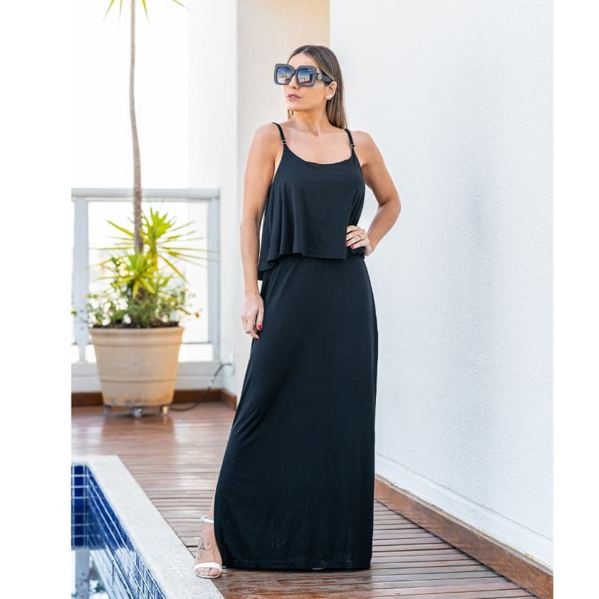 Vestido Longo Feminino com Fendas Laterais Alças Finas com Regulador Bandana